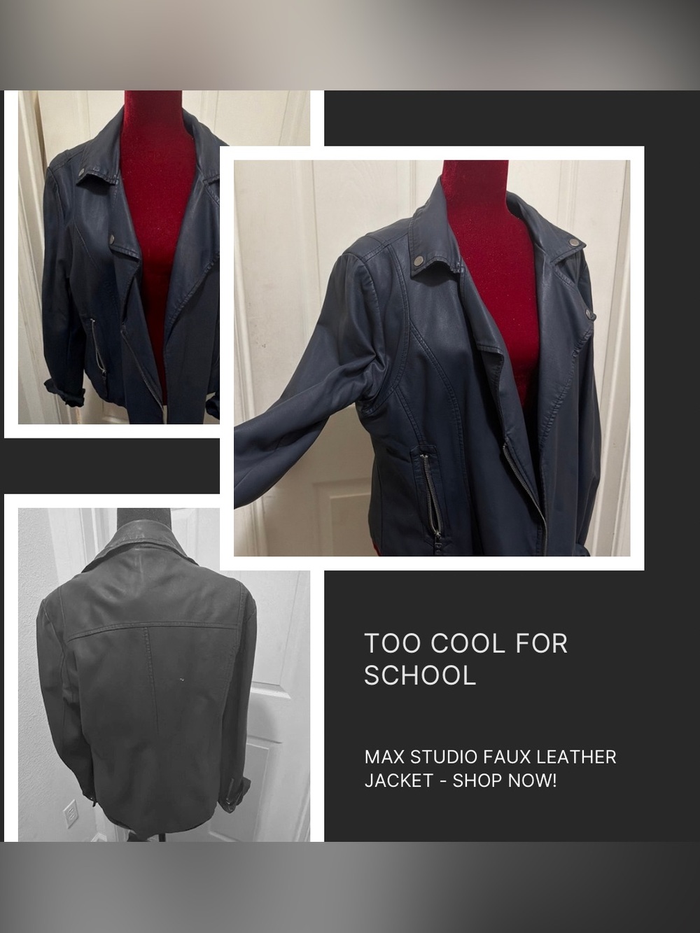 Max Studio Navy Faux-Leather Moto Jacket
